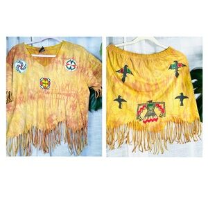 Vibrant Yellow Indigenous Inspired ,Dyed and Painted Tee & Skirt w/ Fringe